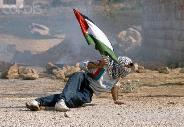 27 Feb 1988, Ramallah, West Bank --- A protester holds a Palestinian flag as he ducks down near an Israeli building in Ramallah during the First Intifada. During the conflict, Palestinian demonstrators threw rocks at Israeli soldiers in protest. --- Image by  Patrick Robert/Sygma/Corbis