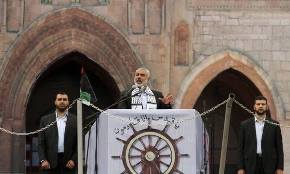 Senior Hamas leader Haniyeh delivers a speech during a rally in Gaza City
