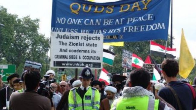 British Muslims and pro-Palestinian activists will mark the international Quds Day annual demonstration on the last Friday of Muslims’ holy month of Ramadan on August 17. Photo  via PressTV